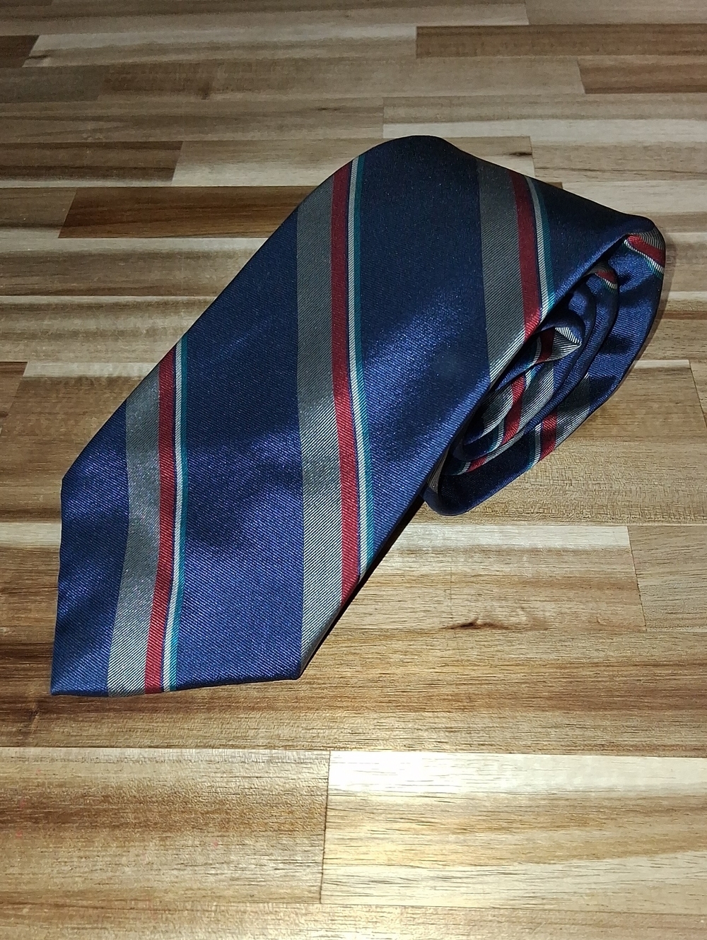 Oscar de la Renta Silk Navy Striped Tie with Red and Gray Accents